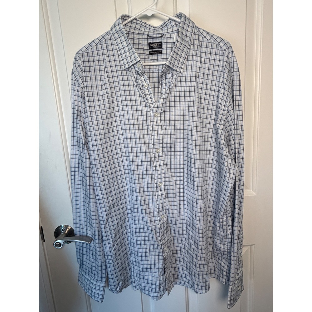 Faherty Reserve The Movement Shirt Mens XXL Blue White Plaid Button Down Stretch